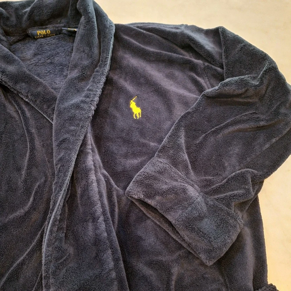Polo Ralph Lauren Robe Men One Size Navy Blue Fleece Yellow Pony Logo Loungewear